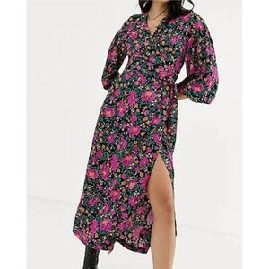 TopShop Women's Sz 2 Floral Print Wrap Dress in Pink & Green Cottagecore Midi